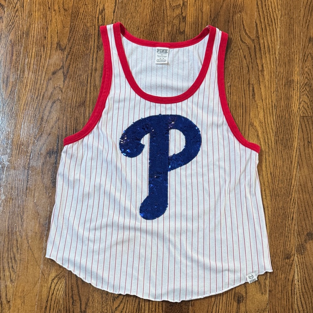 PINK Victoria’s Secret Phillies Red and White Striped Tank Top Sequin Bling Logo